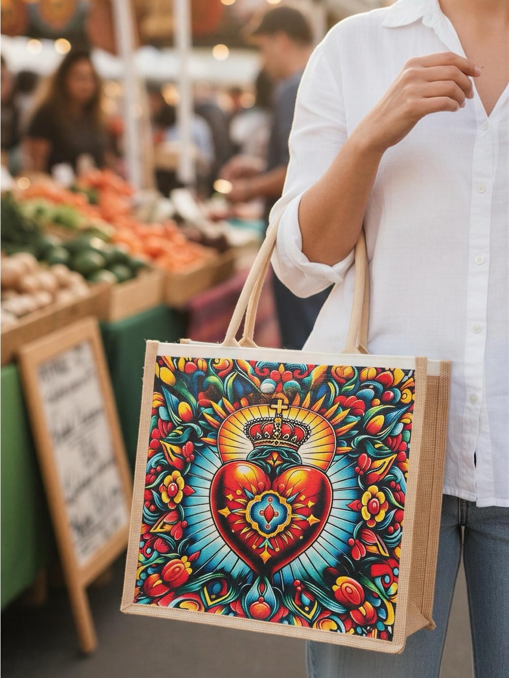Hand Crafted Multicolor Crowned Heart Canvas Tote